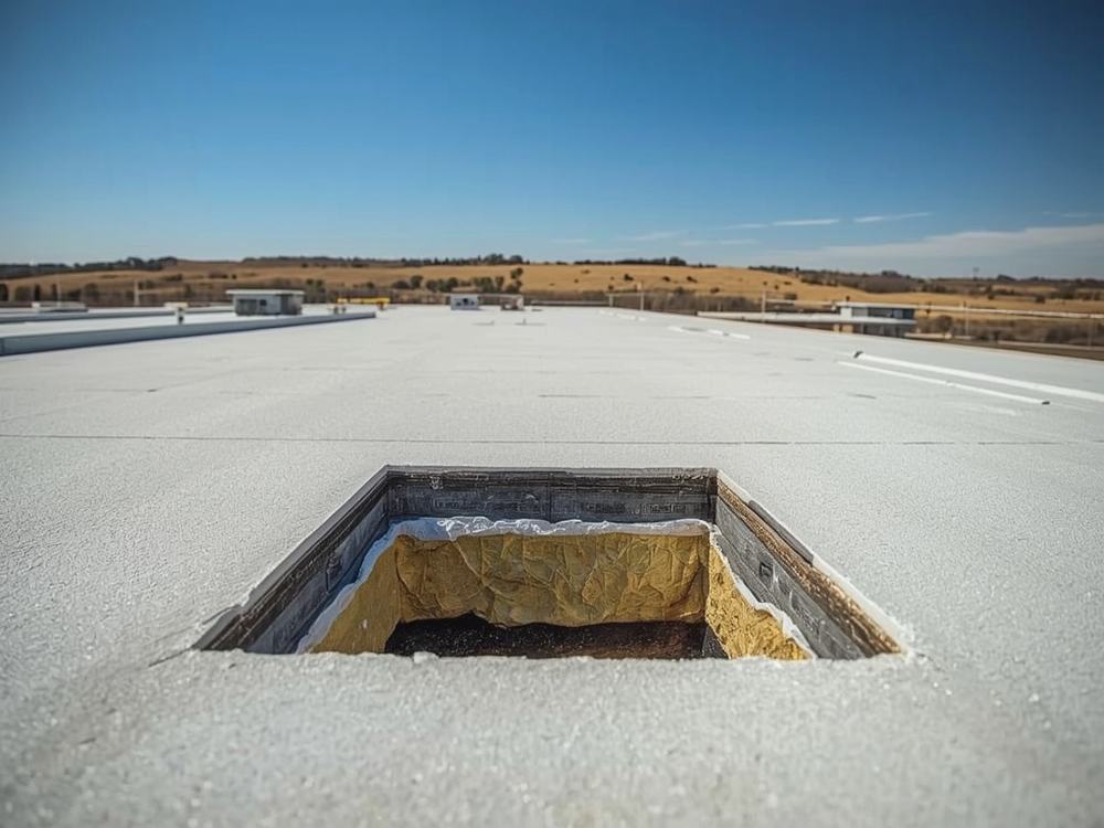 New single-ply membrane being installed over a stripped commercial roof deck