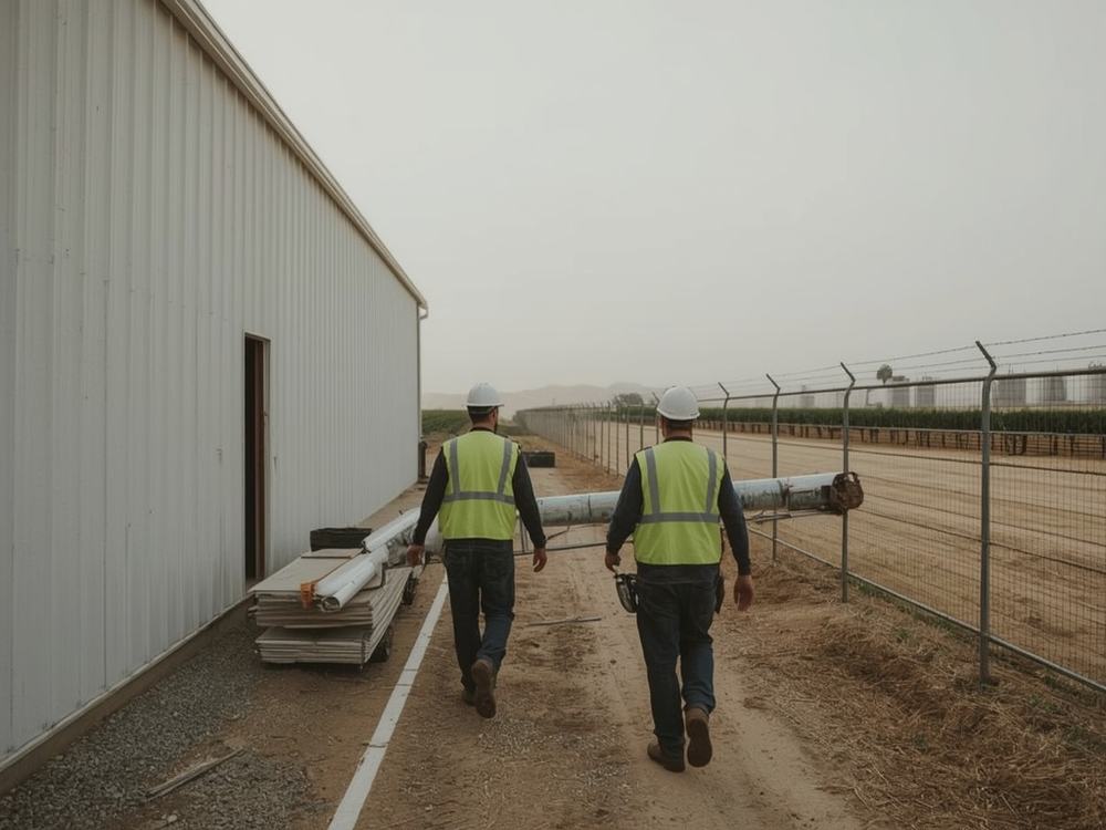 Roofers carrying a membrane roll and ladder to a commercial building in Dixon, California