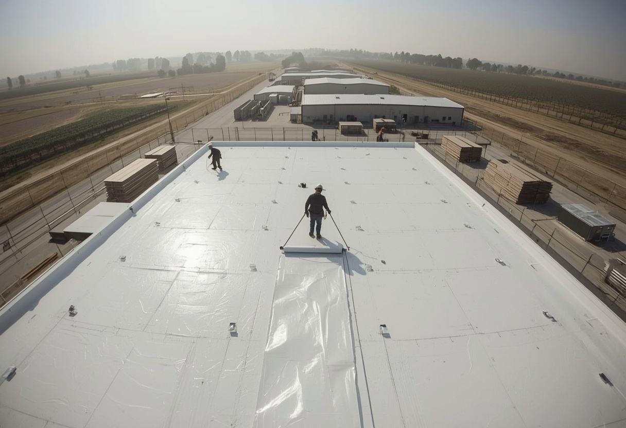 New membrane being rolled out during a commercial roof replacement in Dixon, California