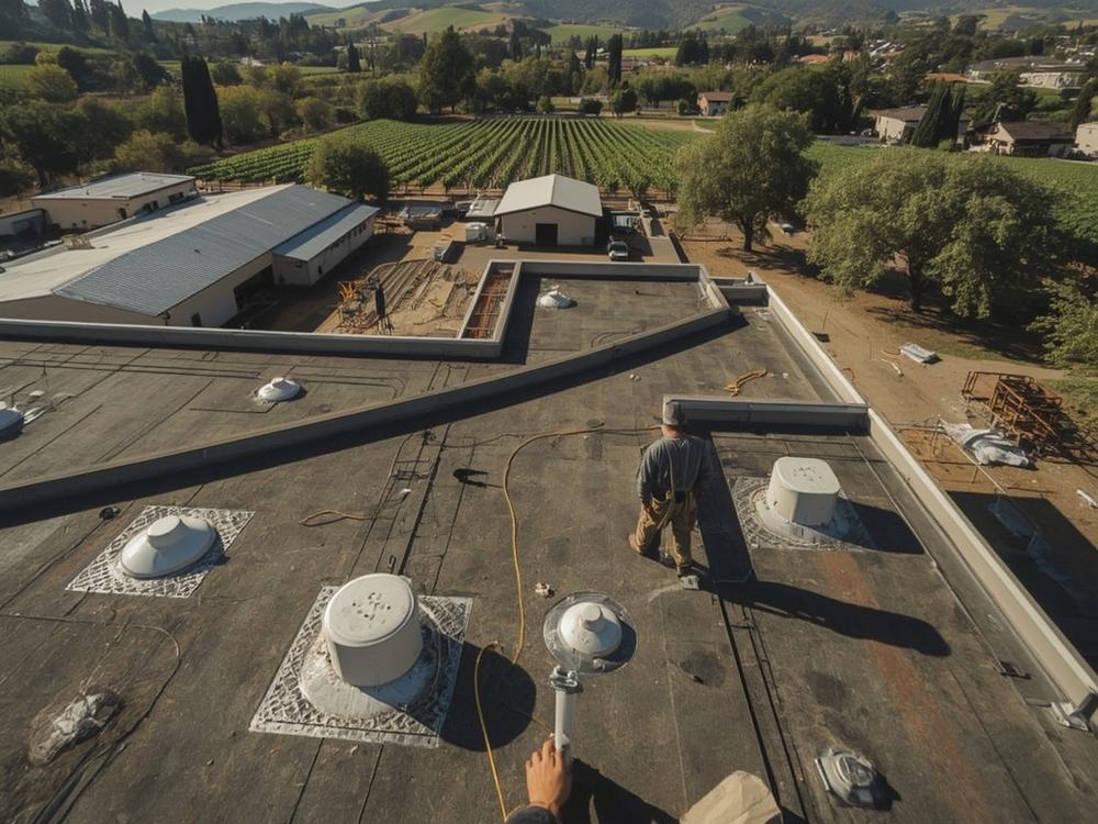 Finished commercial roof with HVAC curbs and drains in Napa, California