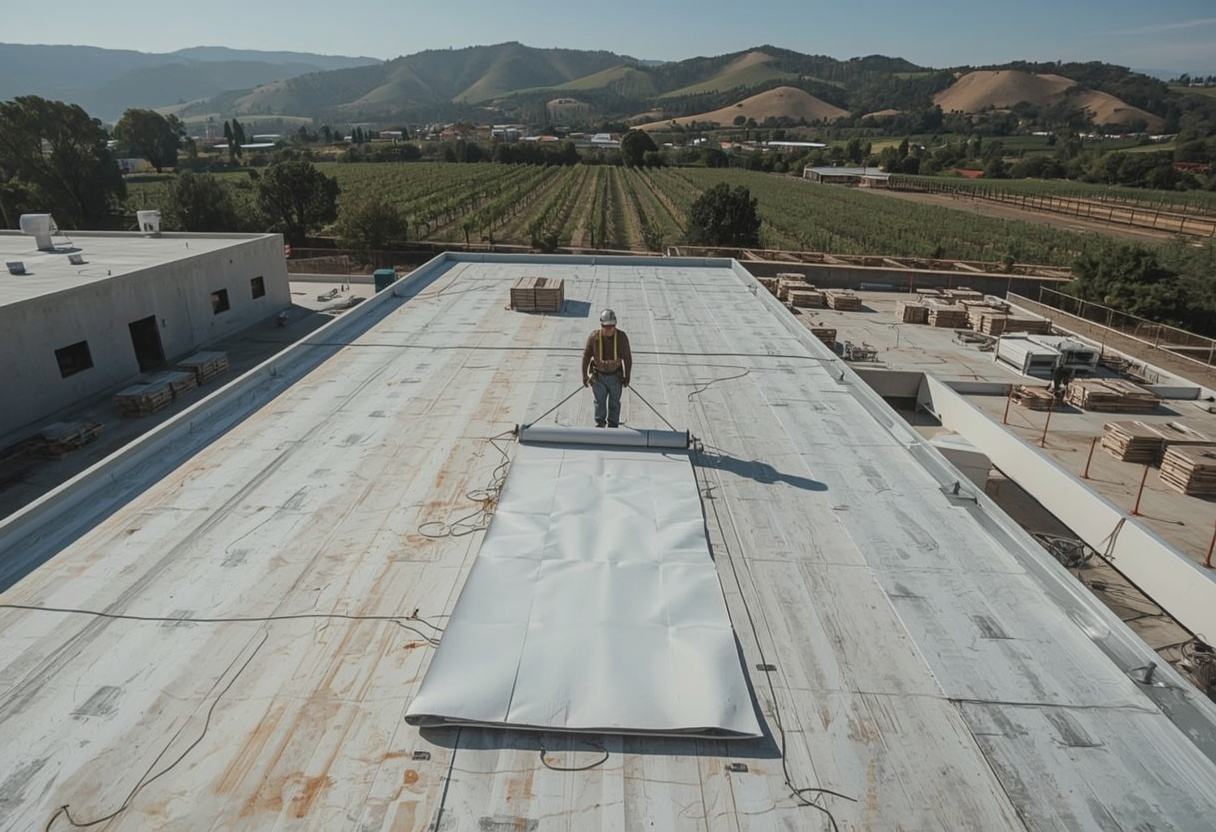 New membrane being rolled out during a commercial roof replacement in Napa, California