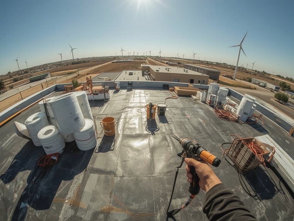 Roofing membrane, insulation boards and equipment staged on a commercial roof in Rio Vista, California