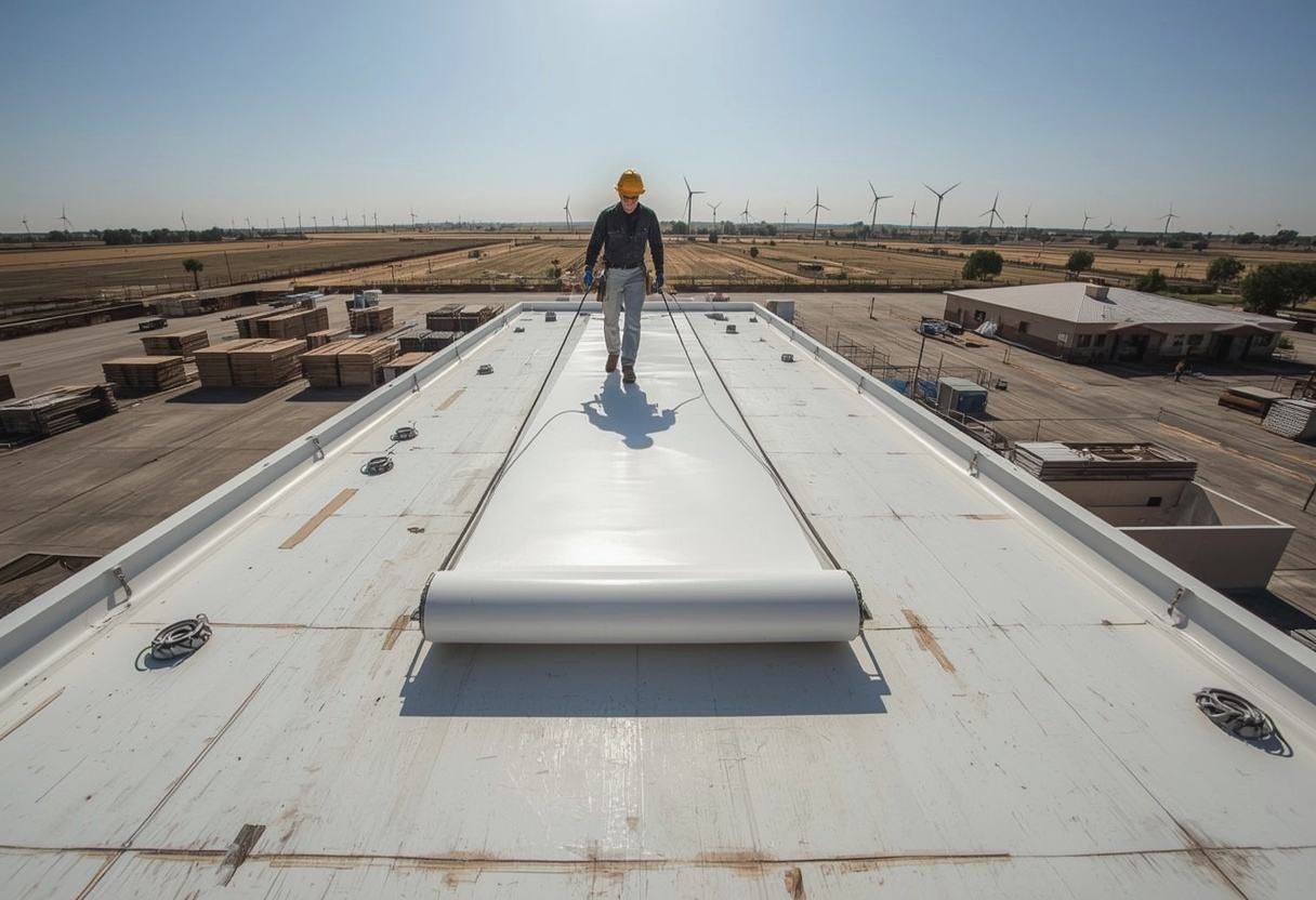 New membrane being rolled out during a commercial roof replacement in Rio Vista, California