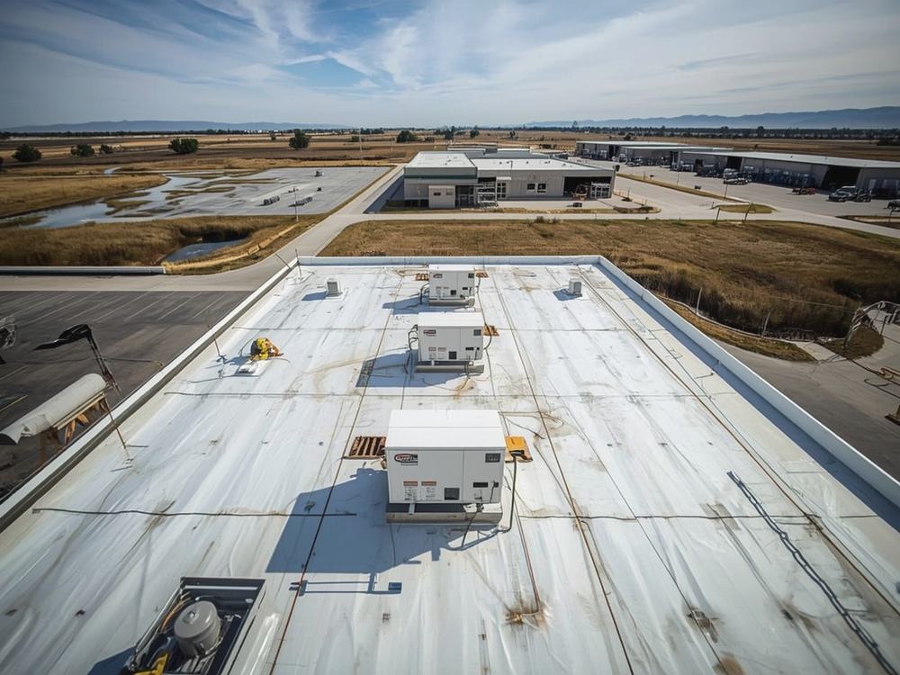 Completed flat roof membrane and perimeter edge metal on a commercial building in Suisun City, California
