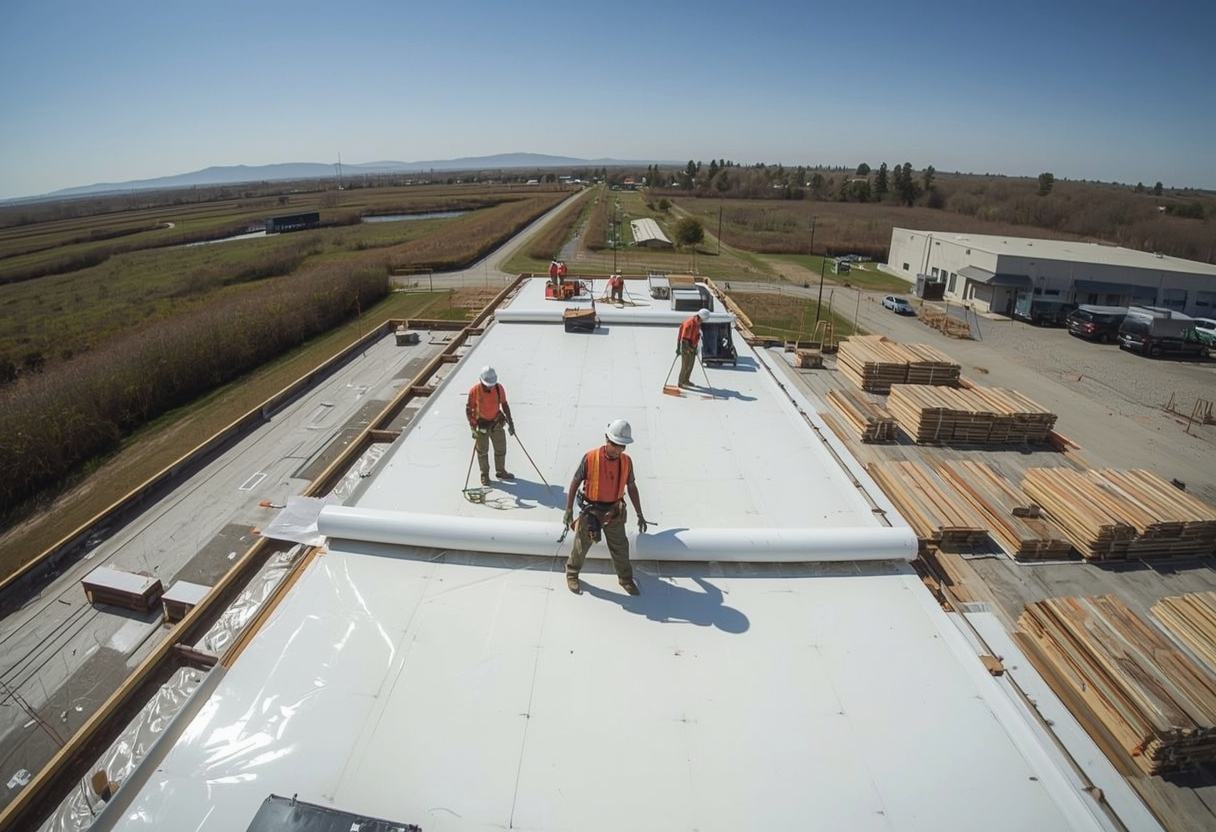 New membrane being rolled out during a commercial roof replacement in Suisun City, California