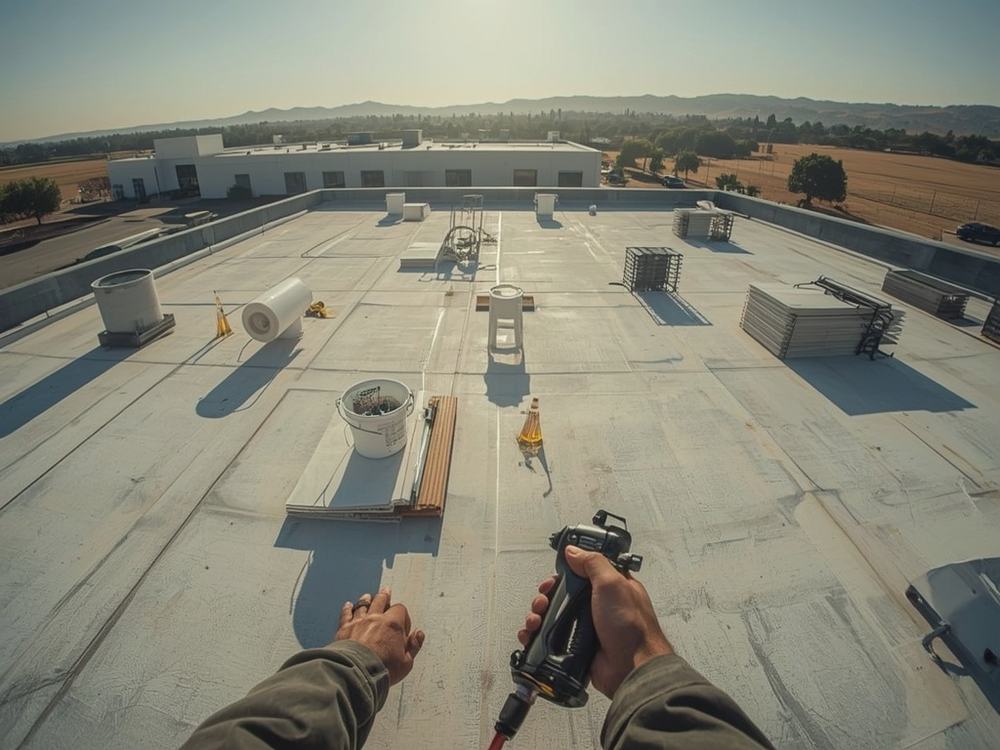 Roofing membrane, insulation boards and equipment staged on a commercial roof in Vacaville, California