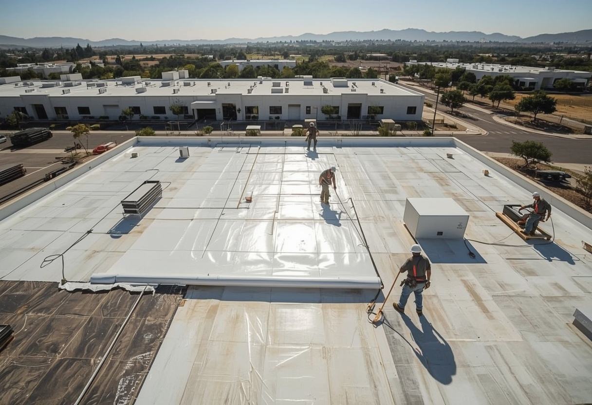 New membrane being rolled out during a commercial roof replacement in Vacaville, California
