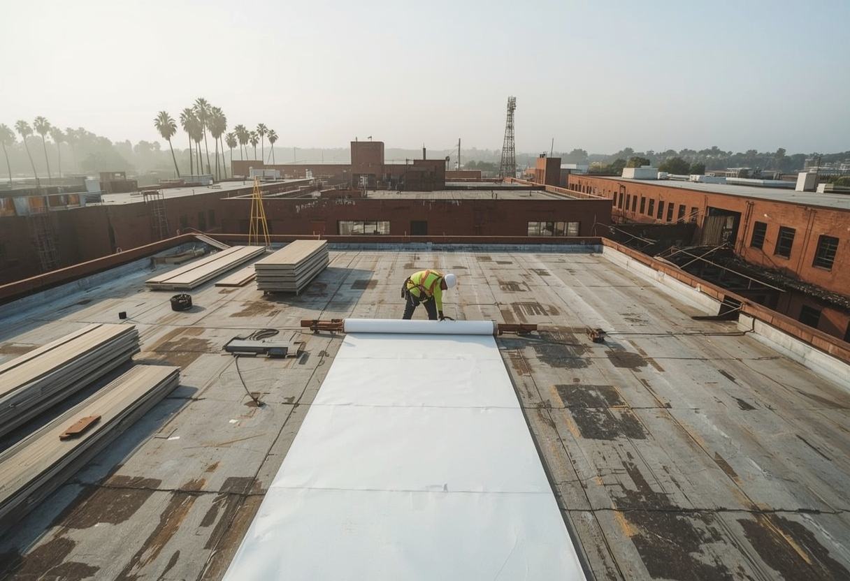 New membrane being rolled out during a commercial roof replacement in Vallejo, California