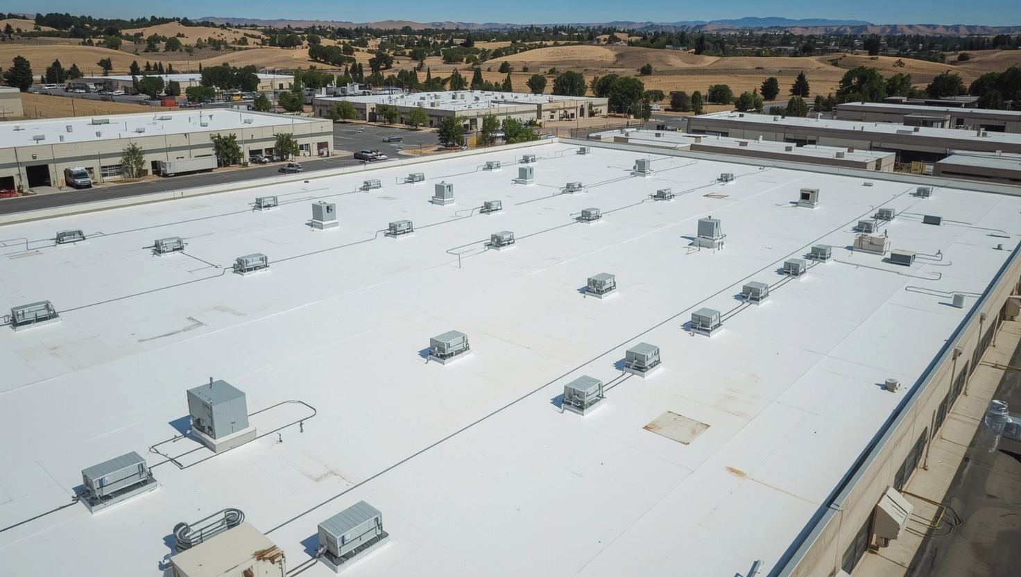 White TPO membrane roof on a commercial warehouse in Fairfield, CA with rooftop HVAC units