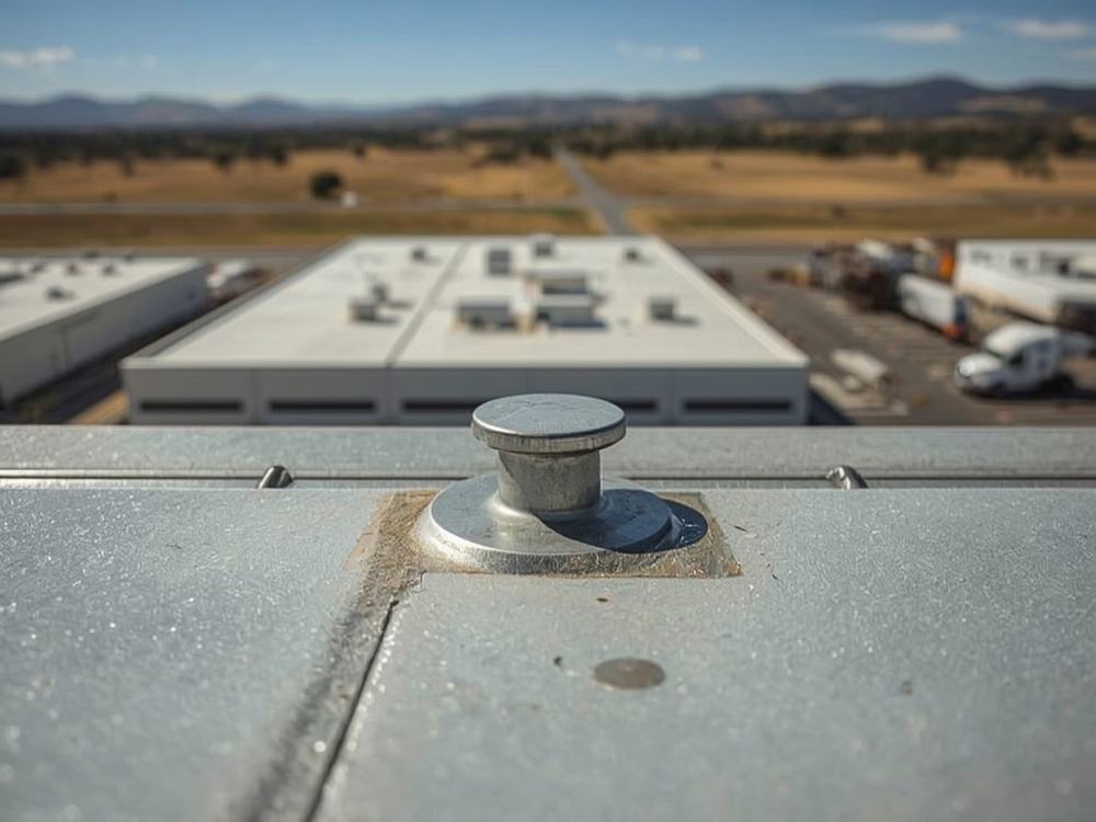 Close-up of a welded membrane seam and flashing detail on a commercial roof in American Canyon, California