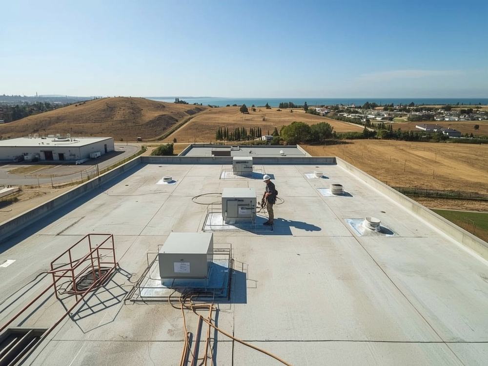 Finished commercial roof with HVAC curbs and drains in Benicia, California