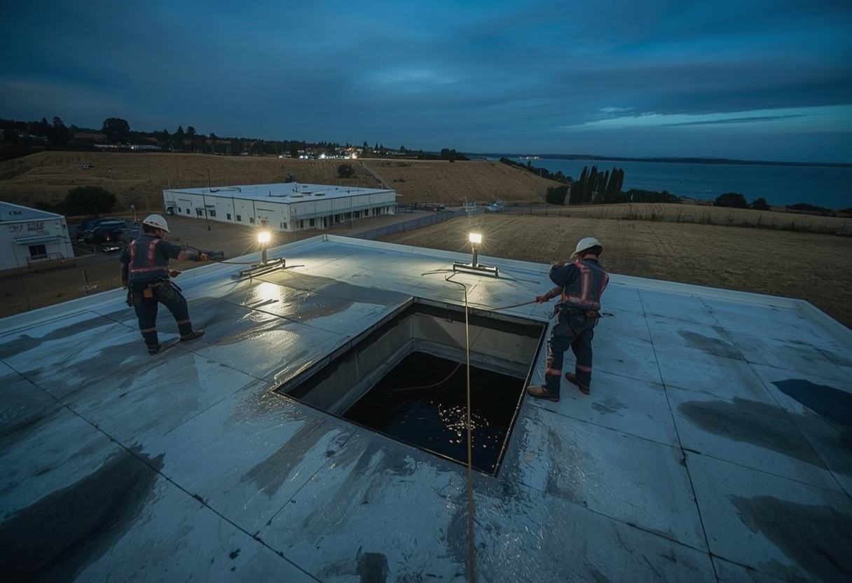 Roofers making an emergency repair under work lights in Benicia, California