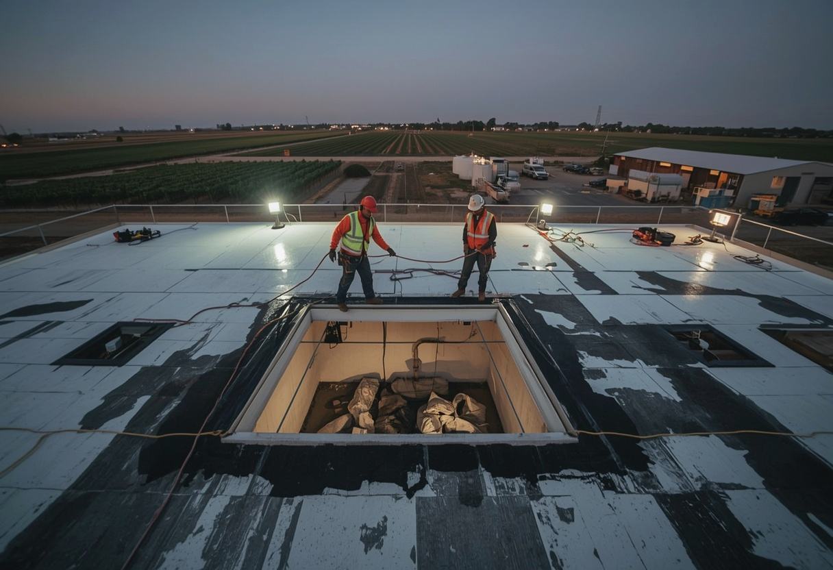 Roofers making an emergency repair under work lights in Dixon, California