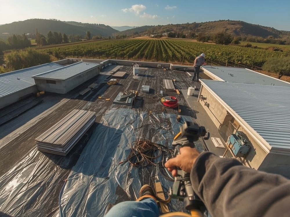 Roofing membrane, insulation boards and equipment staged on a commercial roof in Napa, California