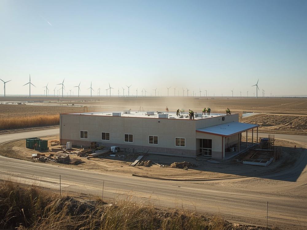 Roofing crew working on the low-slope roof of a small commercial building in Rio Vista, California