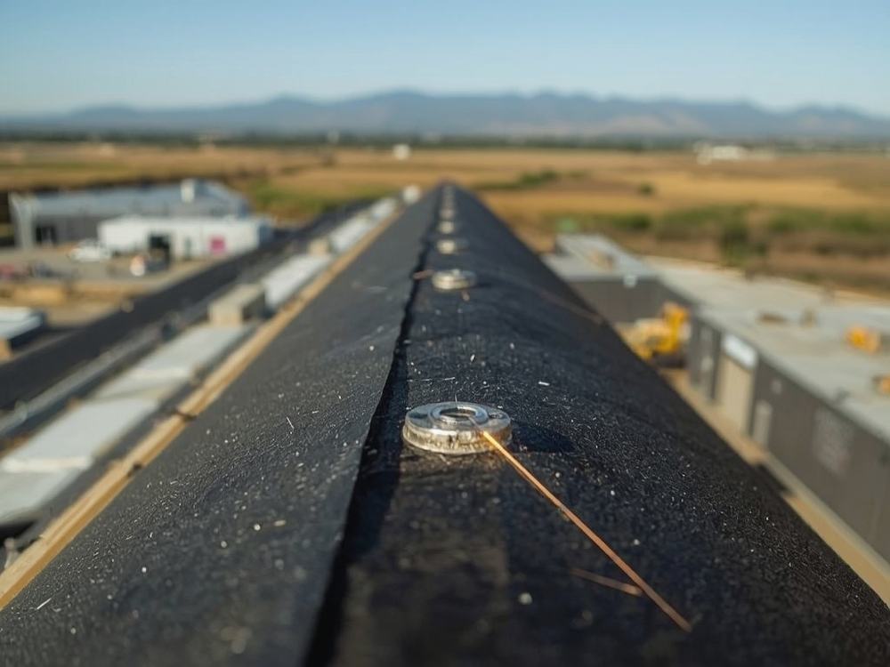 Close-up of a welded membrane seam and flashing detail on a commercial roof in Suisun City, California