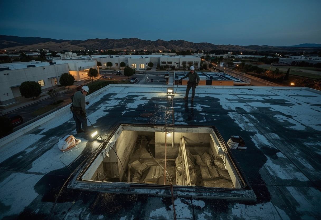 Roofers making an emergency repair under work lights in Vacaville, California