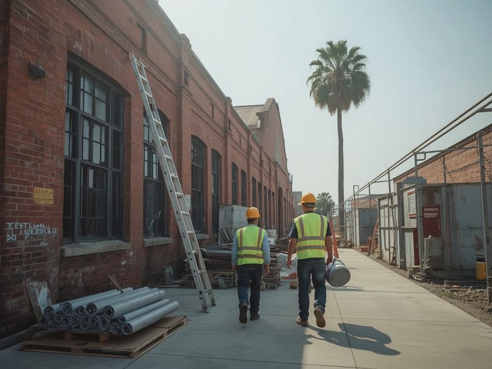 Roofers carrying a membrane roll and ladder to a commercial building in Vallejo, California