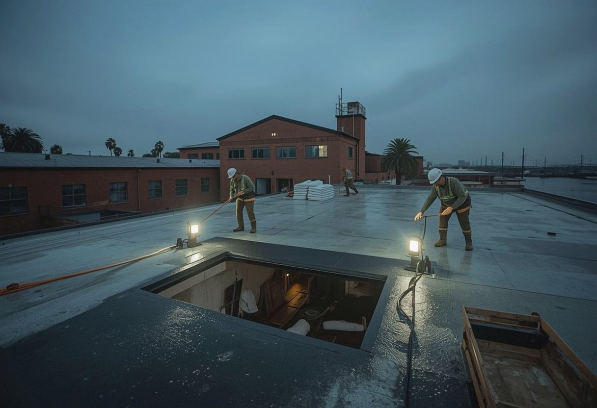 Roofers making an emergency repair under work lights in Vallejo, California