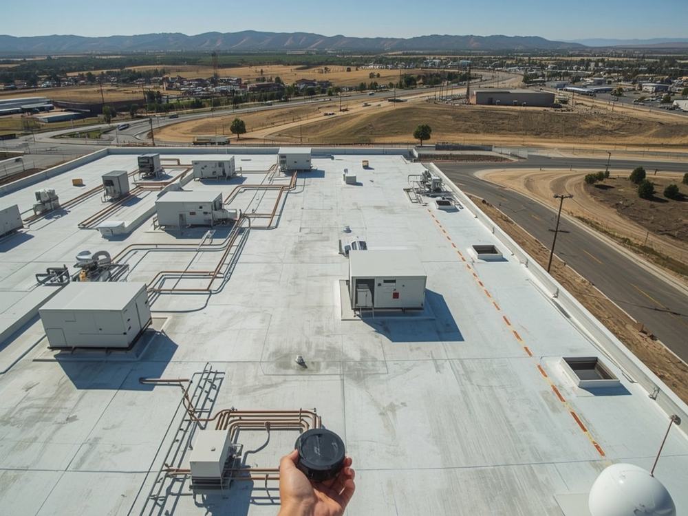 Finished commercial roof with HVAC curbs and drains in American Canyon, California