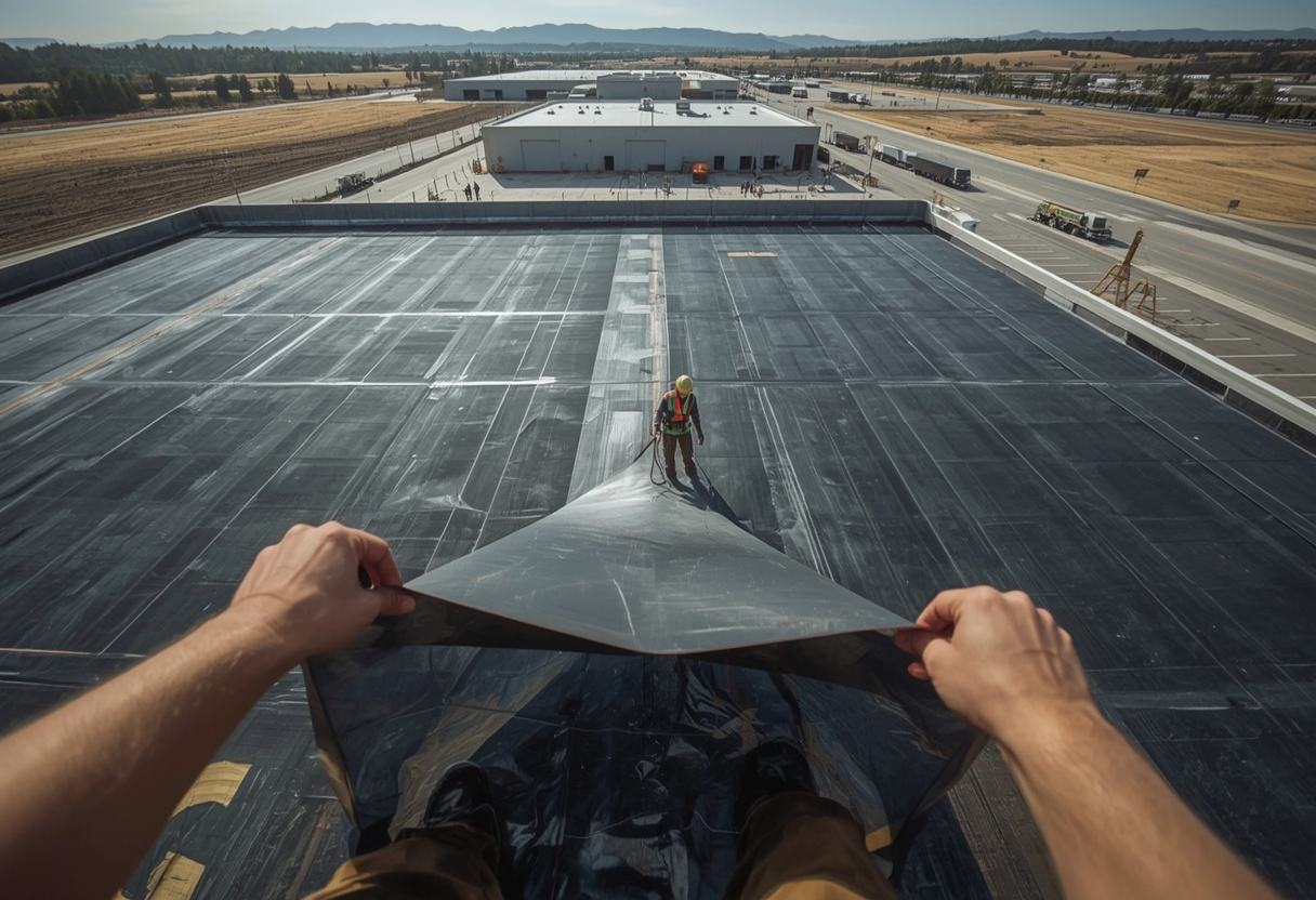 Crew unrolling EPDM rubber membrane on a flat roof in American Canyon, California