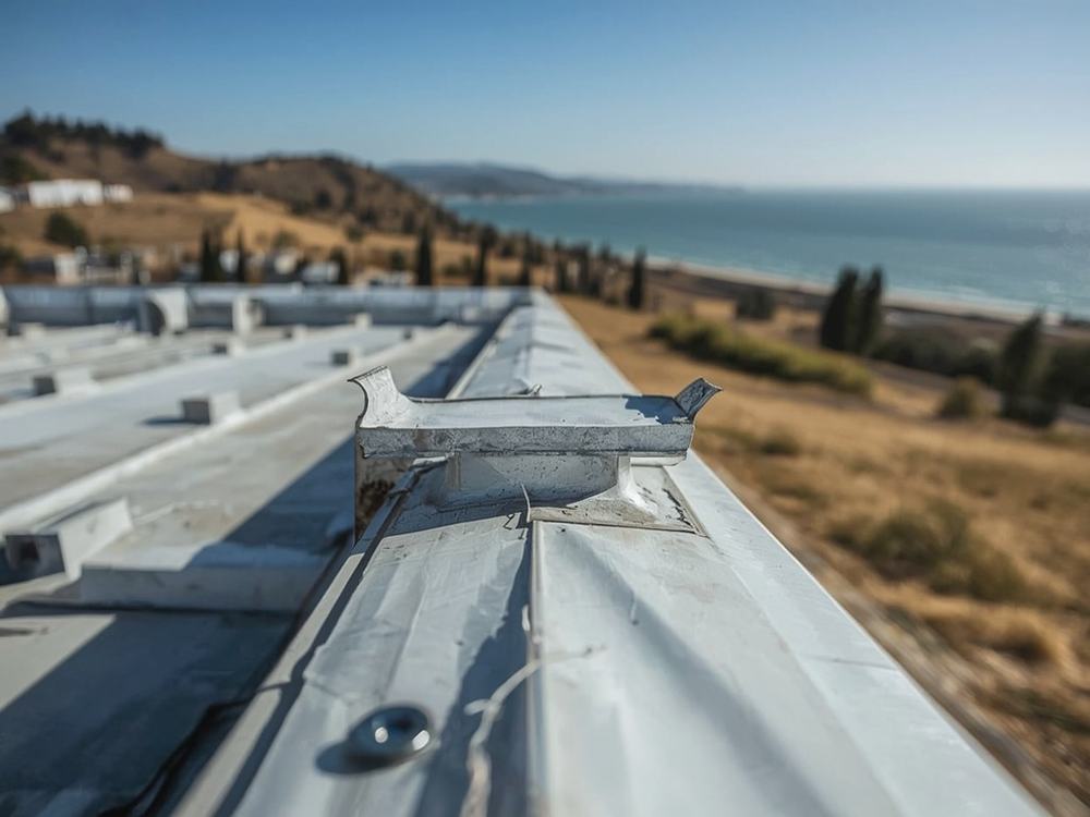 Close-up of a welded membrane seam and flashing detail on a commercial roof in Benicia, California