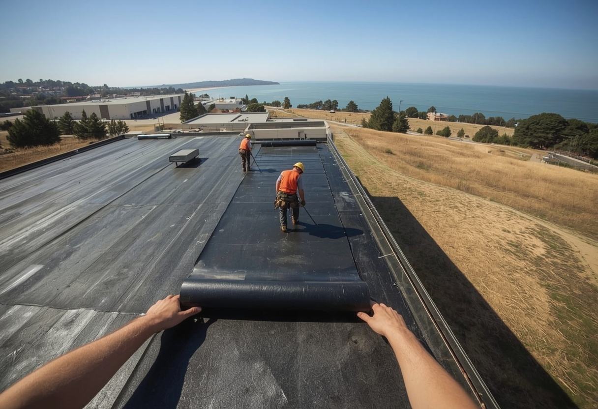 Crew unrolling EPDM rubber membrane on a flat roof in Benicia, California