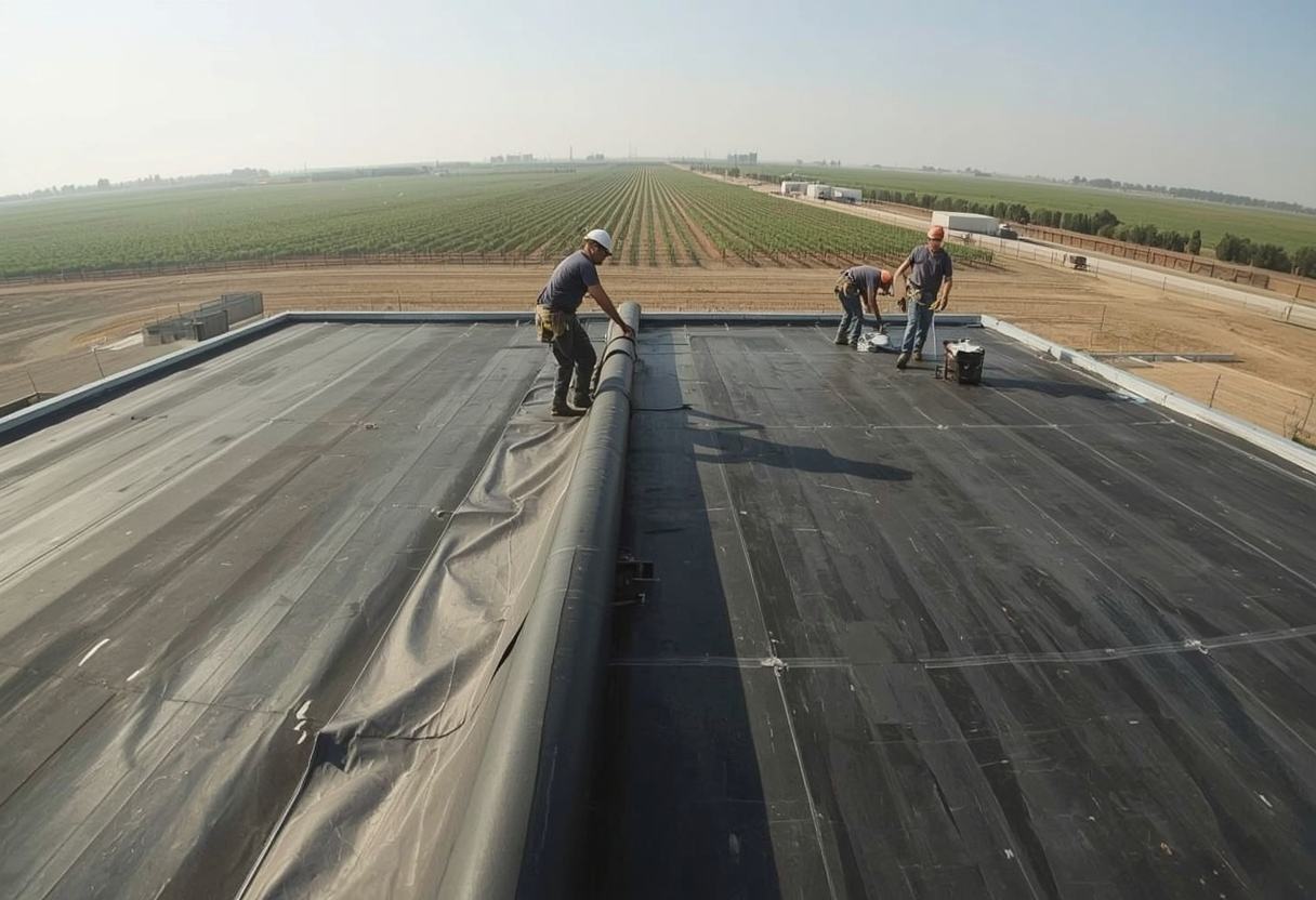 Crew unrolling EPDM rubber membrane on a flat roof in Dixon, California