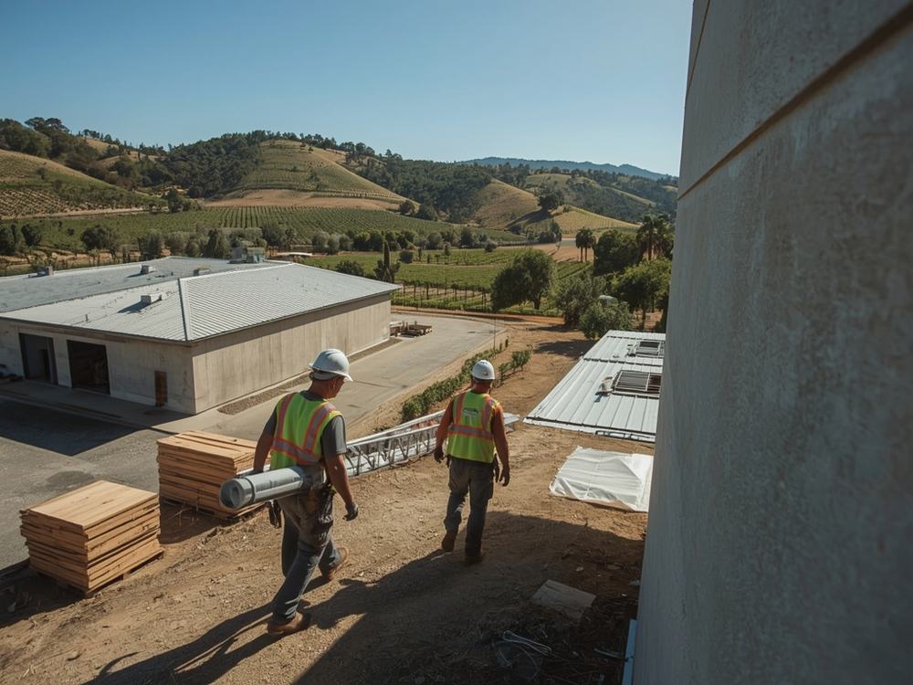 Roofers carrying a membrane roll and ladder to a commercial building in Napa, California