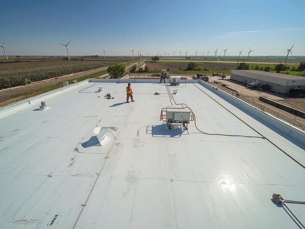 Completed flat roof membrane and perimeter edge metal on a commercial building in Rio Vista, California
