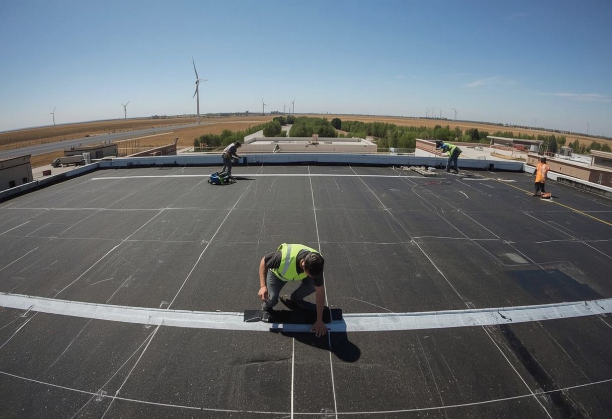 Crew unrolling EPDM rubber membrane on a flat roof in Rio Vista, California