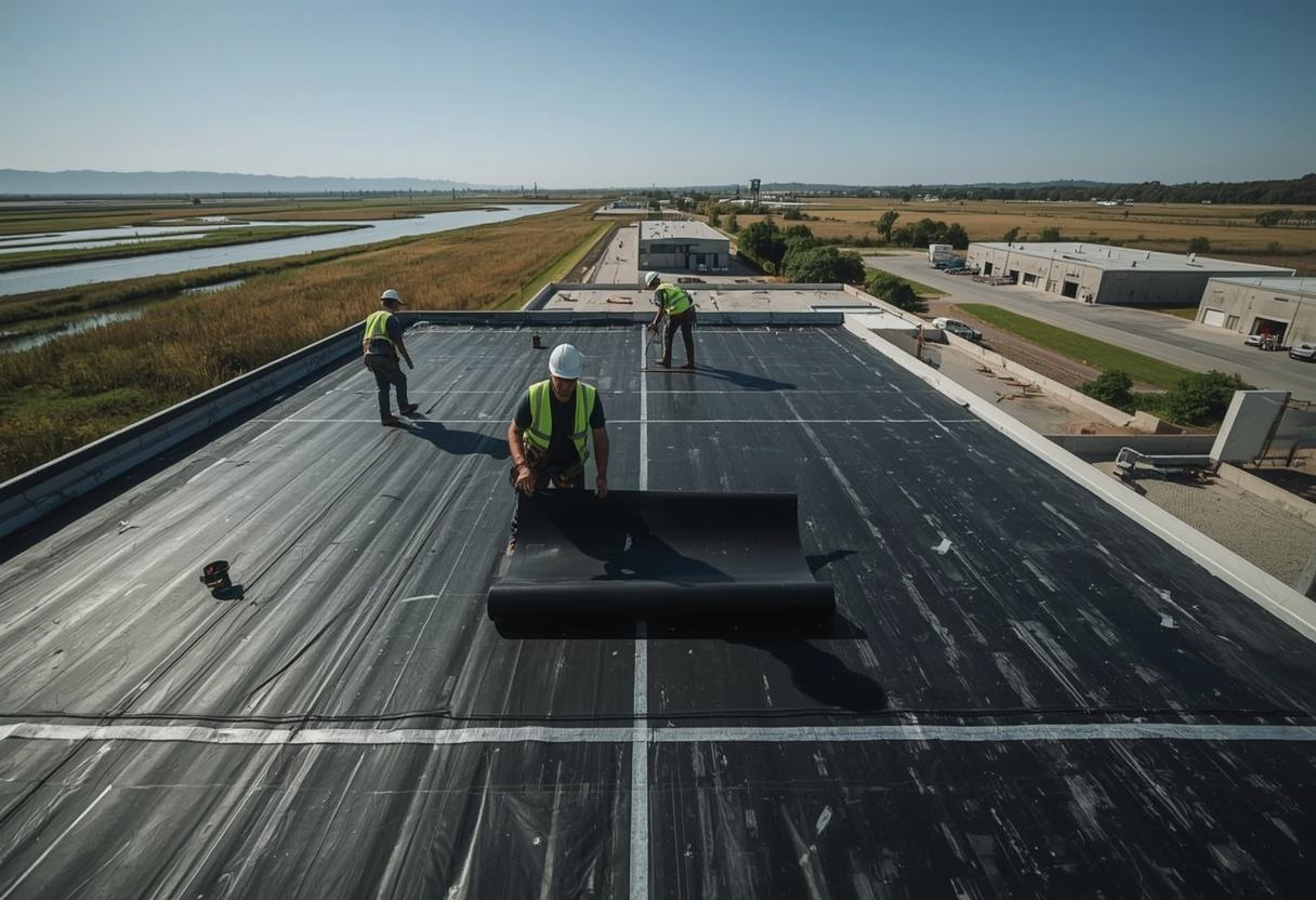 Crew unrolling EPDM rubber membrane on a flat roof in Suisun City, California
