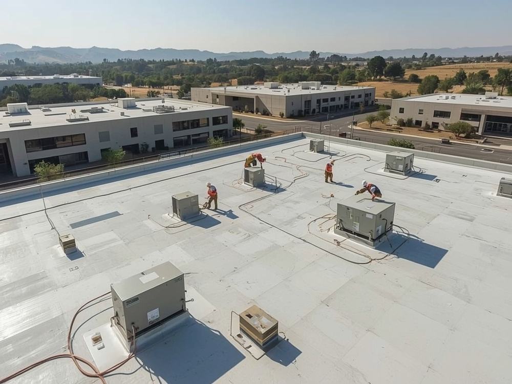 Completed flat roof membrane and perimeter edge metal on a commercial building in Vacaville, California