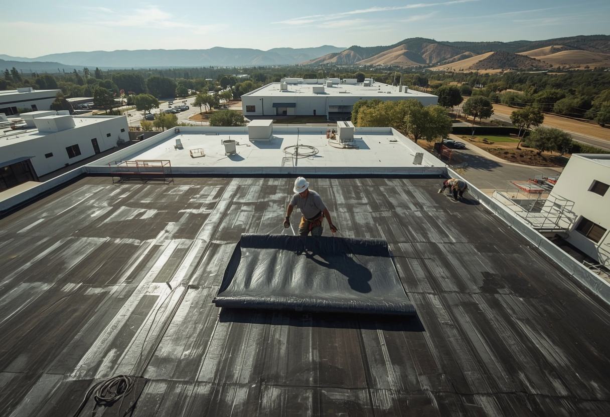 Crew unrolling EPDM rubber membrane on a flat roof in Vacaville, California