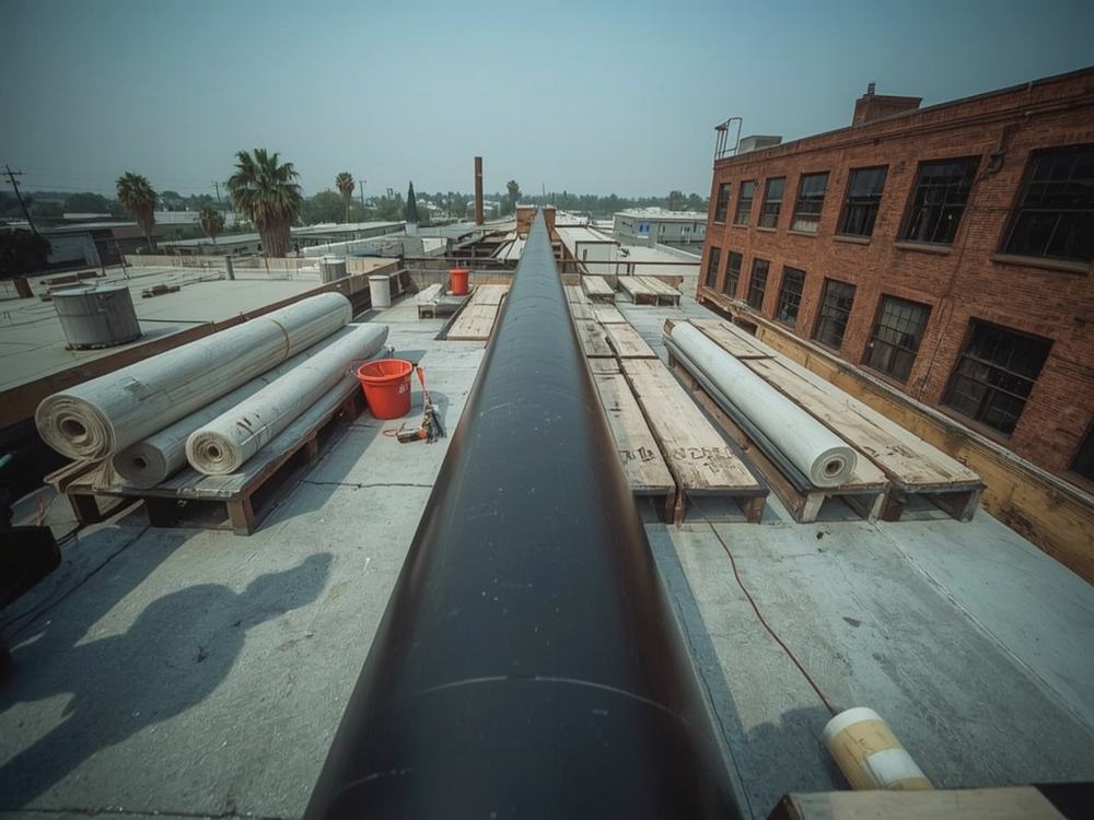 Roofing membrane, insulation boards and equipment staged on a commercial roof in Vallejo, California