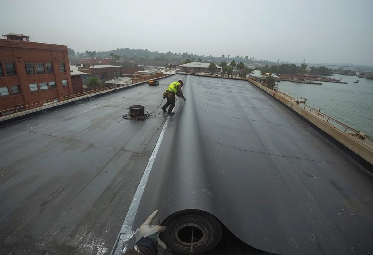 Crew unrolling EPDM rubber membrane on a flat roof in Vallejo, California
