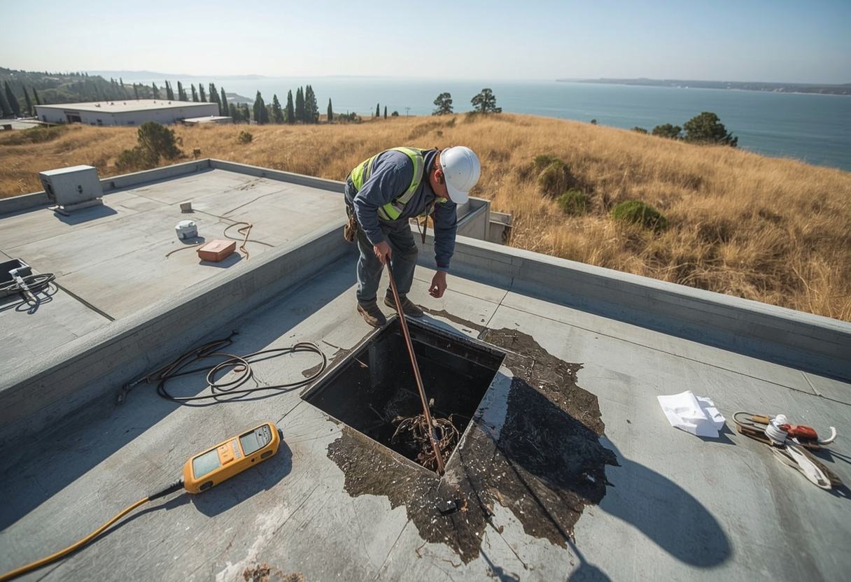 Technician clearing a blocked roof drain in standing water in Benicia, California