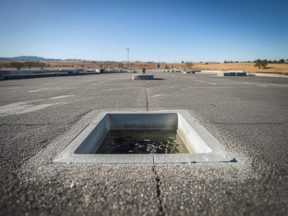 Retrofit roof drain set into a tapered sump with water draining away