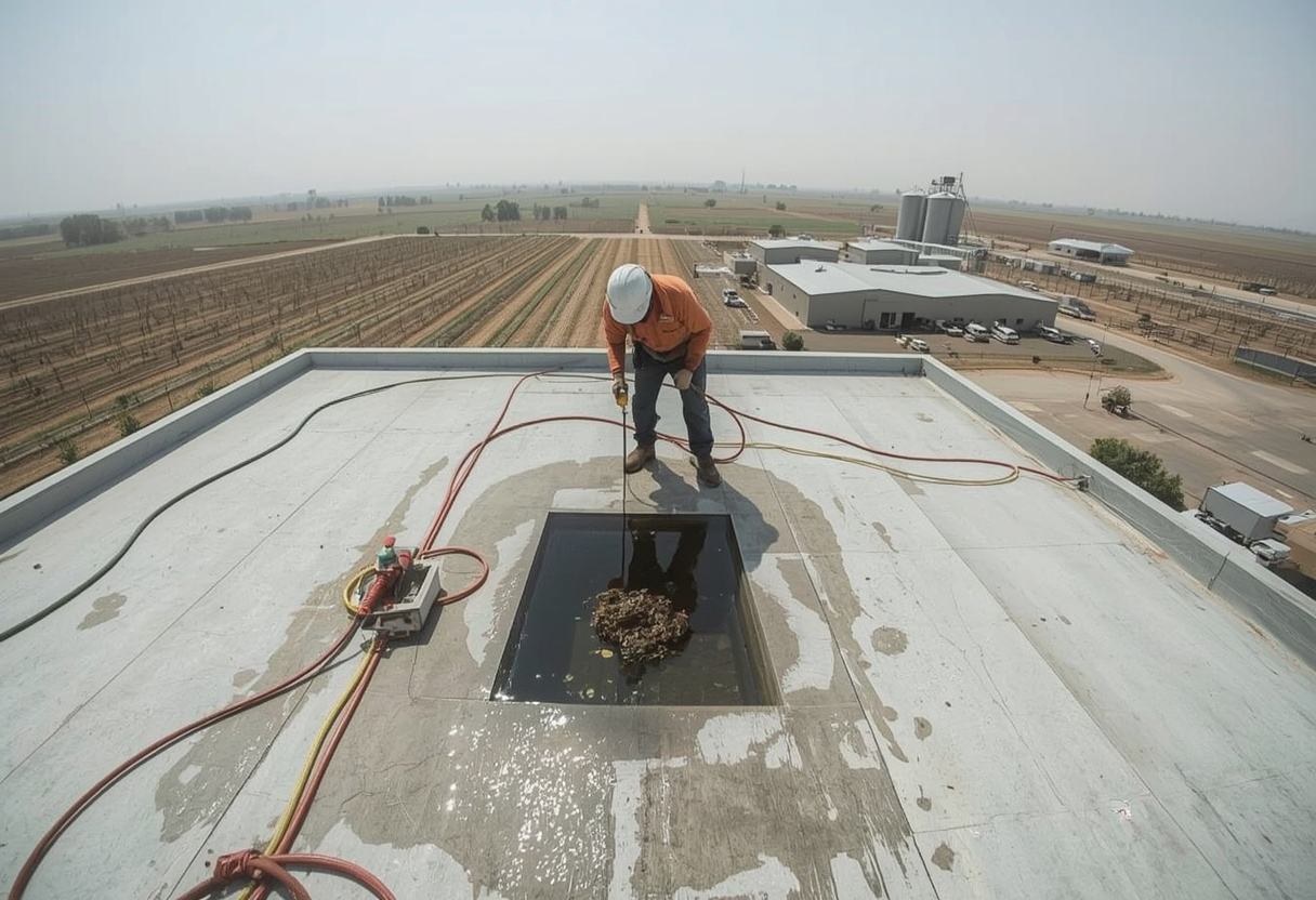 Technician clearing a blocked roof drain in standing water in Dixon, California