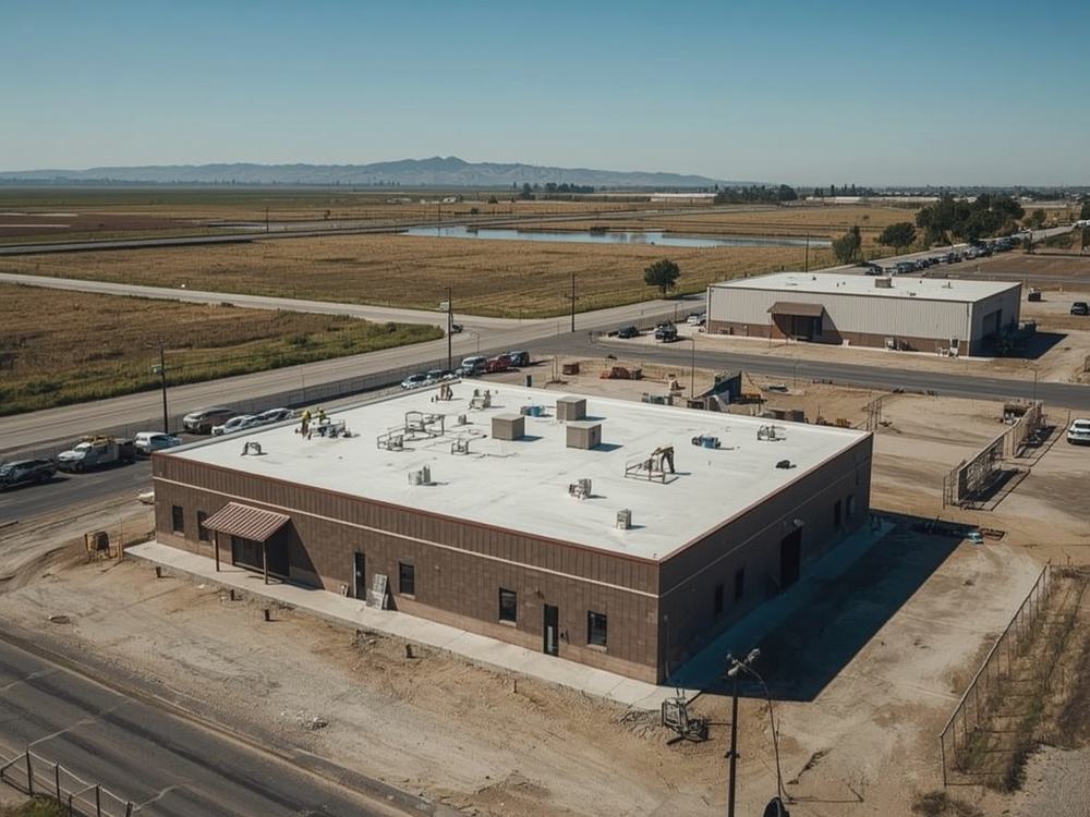 Roofing crew working on the low-slope roof of a small commercial building in Suisun City, California