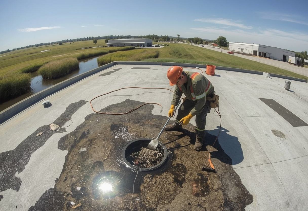 Technician clearing a blocked roof drain in standing water in Suisun City, California