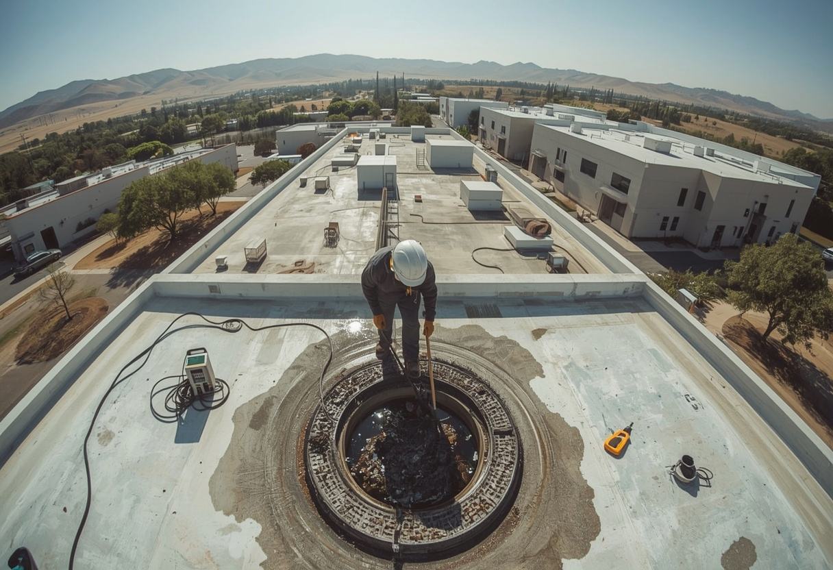 Technician clearing a blocked roof drain in standing water in Vacaville, California