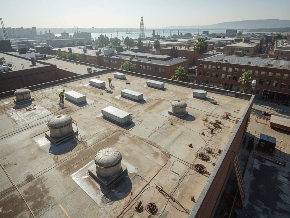 Finished commercial roof with HVAC curbs and drains in Vallejo, California