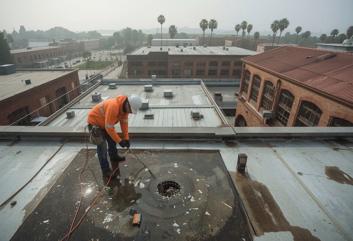 Technician clearing a blocked roof drain in standing water in Vallejo, California
