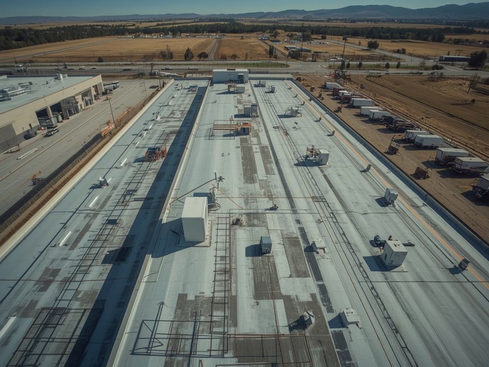 Completed flat roof membrane and perimeter edge metal on a commercial building in American Canyon, California