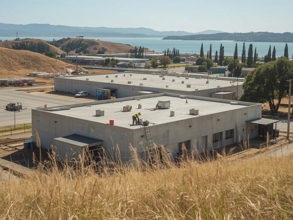 Roofing crew working on the low-slope roof of a small commercial building in Benicia, California