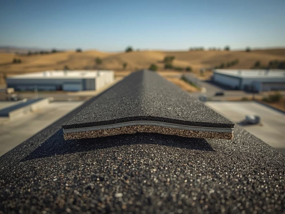 Cut edge of a multi-ply modified bitumen roof showing its separate layers