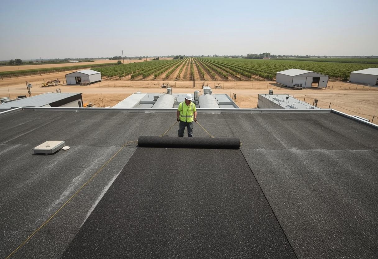 Roofer rolling out a modified bitumen cap sheet in Dixon, California