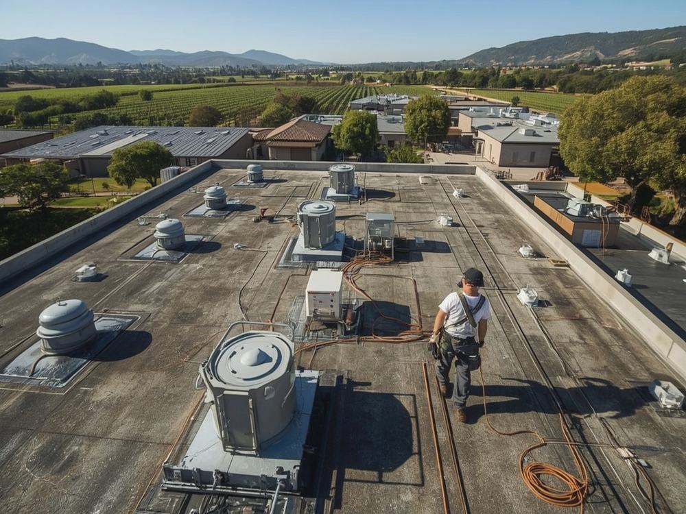 Finished commercial roof with HVAC curbs and drains in Napa, California
