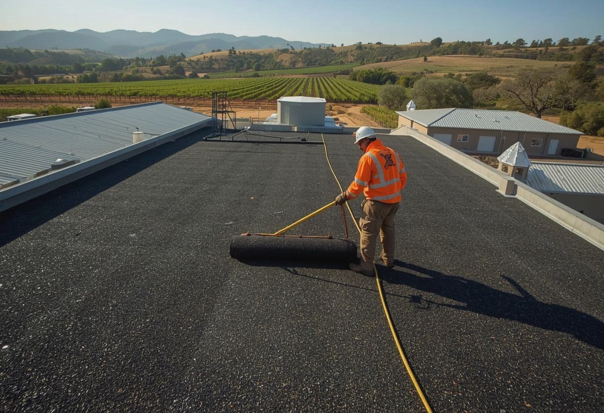 Roofer rolling out a modified bitumen cap sheet in Napa, California